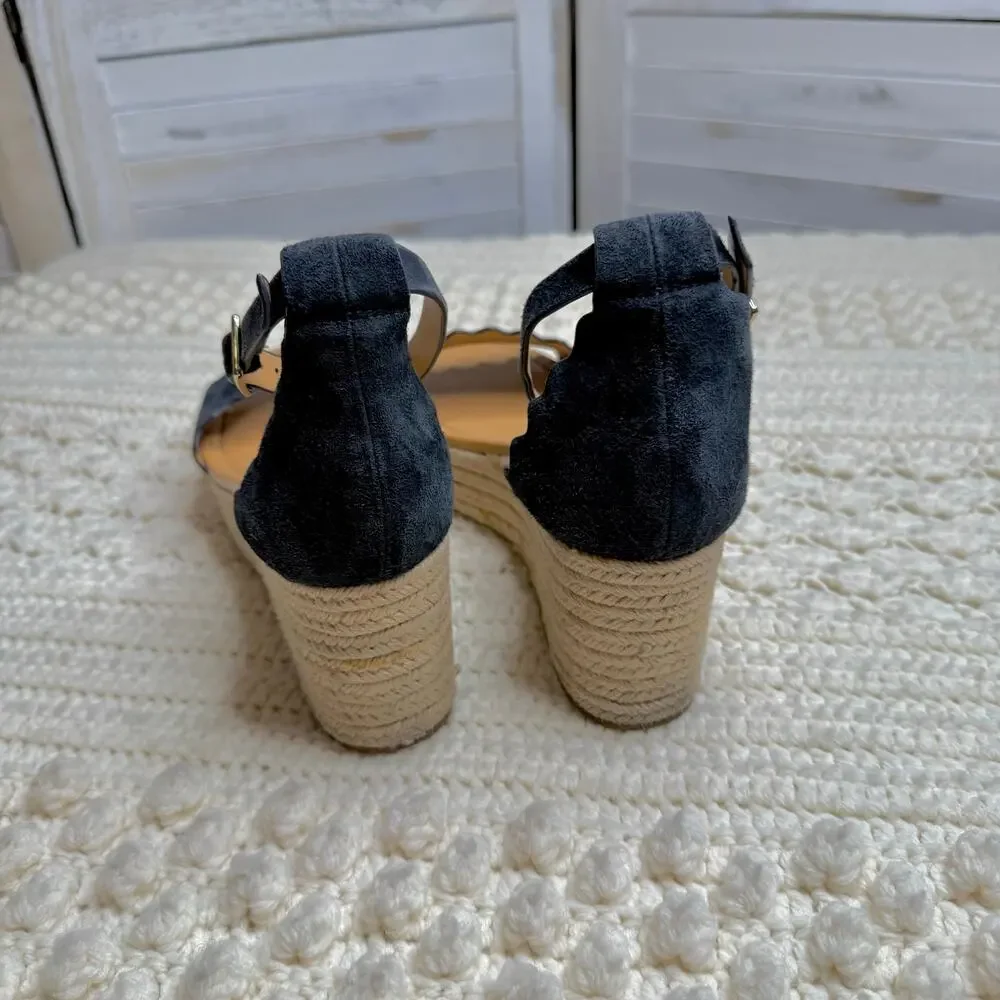 J. CREW Women's 10 Suede Leather Scalloped Flatform Espadrille Shoes Navy Tan